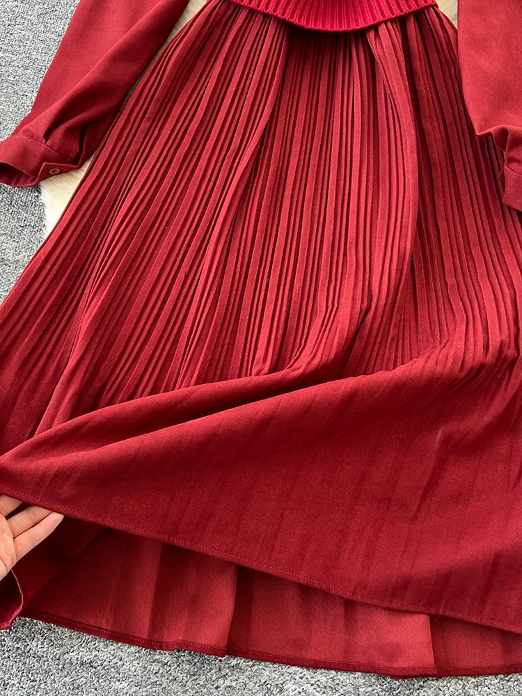 Herbst Winter Anzug Hohe Qualität Frauen Kleid Vintage Solide Turndown Kragen Langarm Plissee Kleid + Stricken Weste Mit gürtel