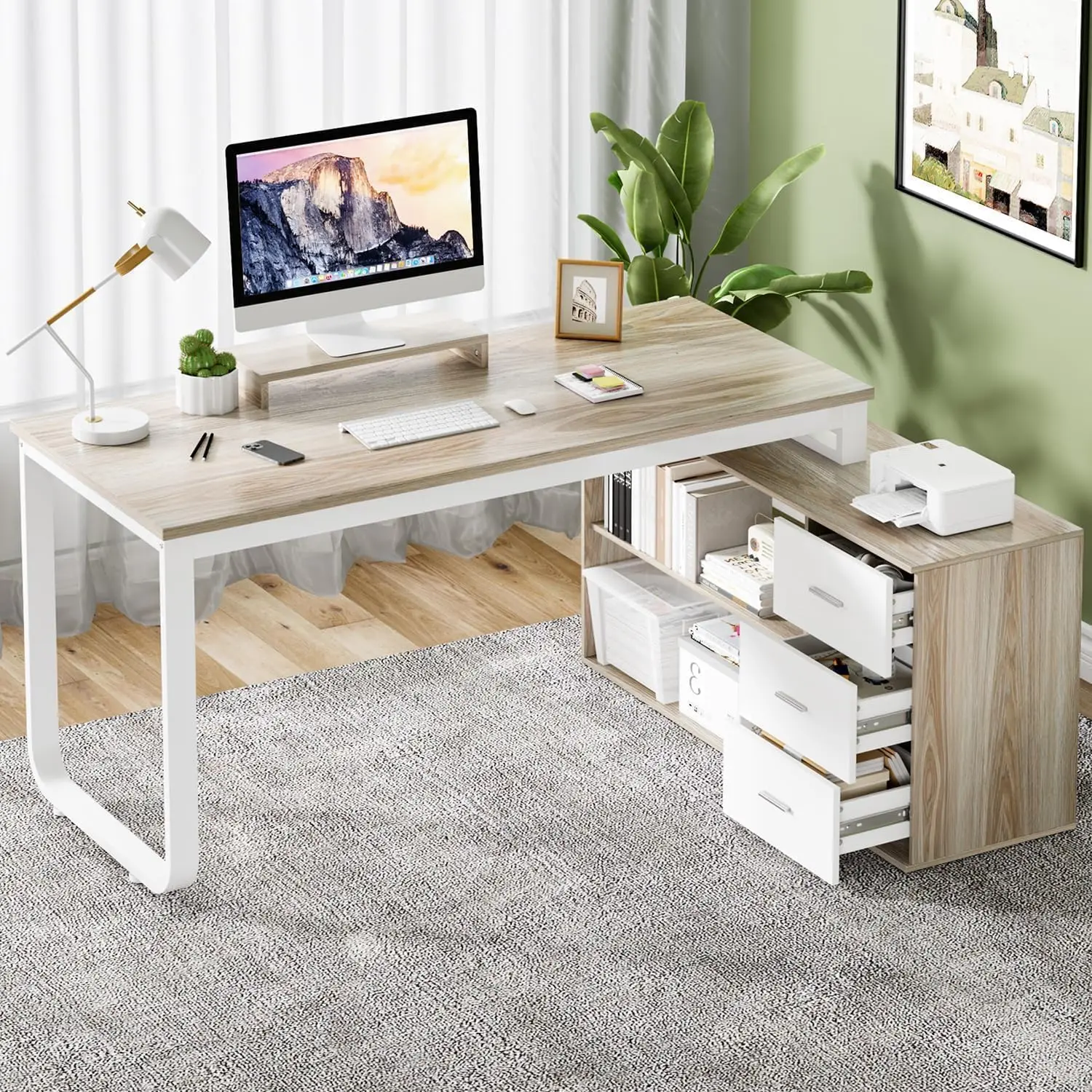 

55" L Shaped Desk with Drawers and Shelves, Home Office Desk with Monitor Stand for Work Writing Study, Reversible, Customized