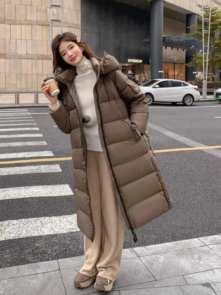 Winter Women\'s Jackets 2024 New Long Section Goose Down Jacket Thicken Warm Hooded Long Coat Loose Leisure Puffer Jacket