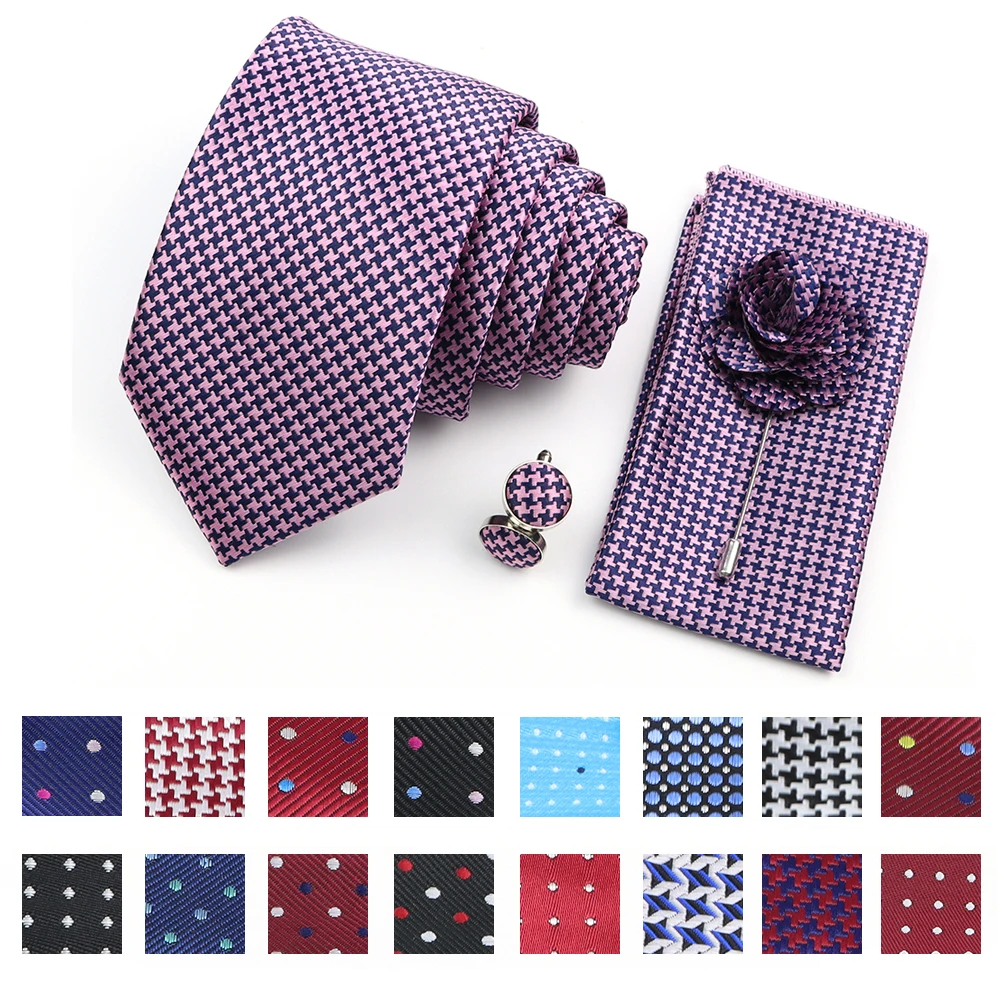 

Original High Quality Polyester Tie Set Men Polka Dot Pattern Pocket Square Flower Brooch Cufflink Collar Casual Dress Accessory