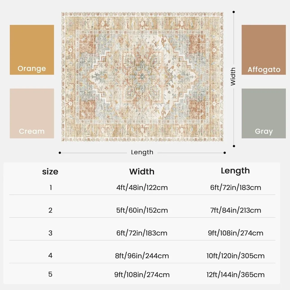 Kokia Living Room Area Rugs 8x10 - Bohemian Style, Thin, Non-Slip, Stain Resistant, Vintage Orange Oriental Print, Foldable