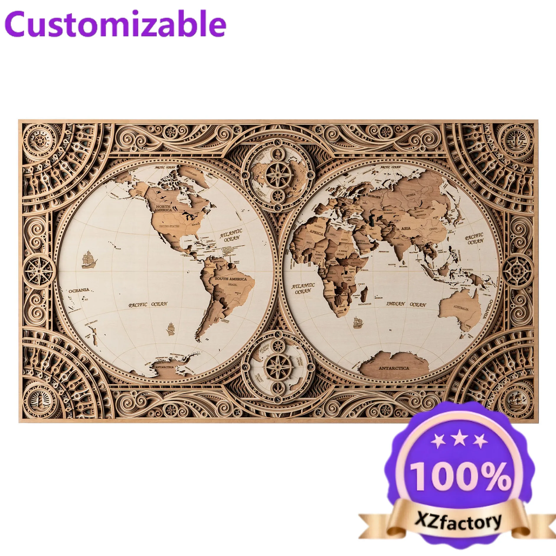 Factory Direct 2026 Ladder wood stacked solid wood world map wall decoration painting living room study background wall hanging