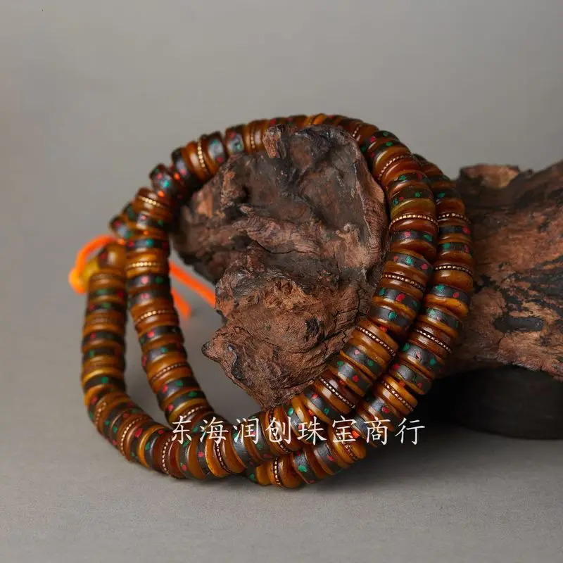Tibetan- old yak bone inlaid with multi-gemstone , 108 Buddhist beads, semi-finished ethnic-style hanging chain jewelr