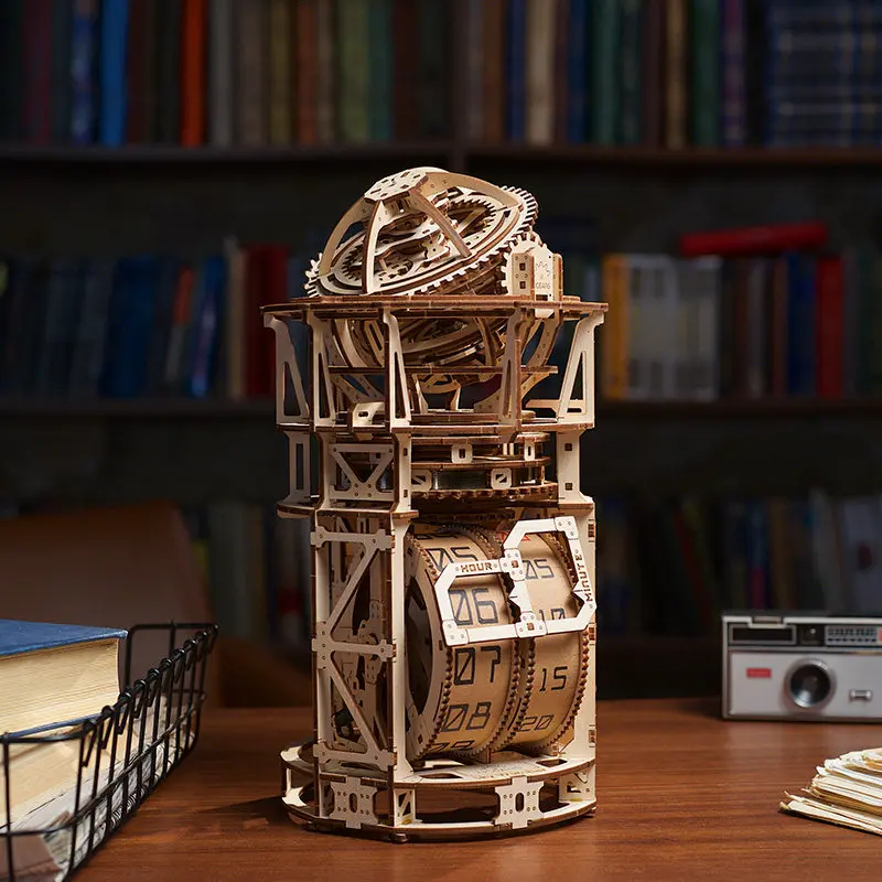 3D Wooden Mechanical Clock Model Kit Astronomical Observatory Rotatable Gear Assembly DIY Handmade Desktop Ornament Men Gift