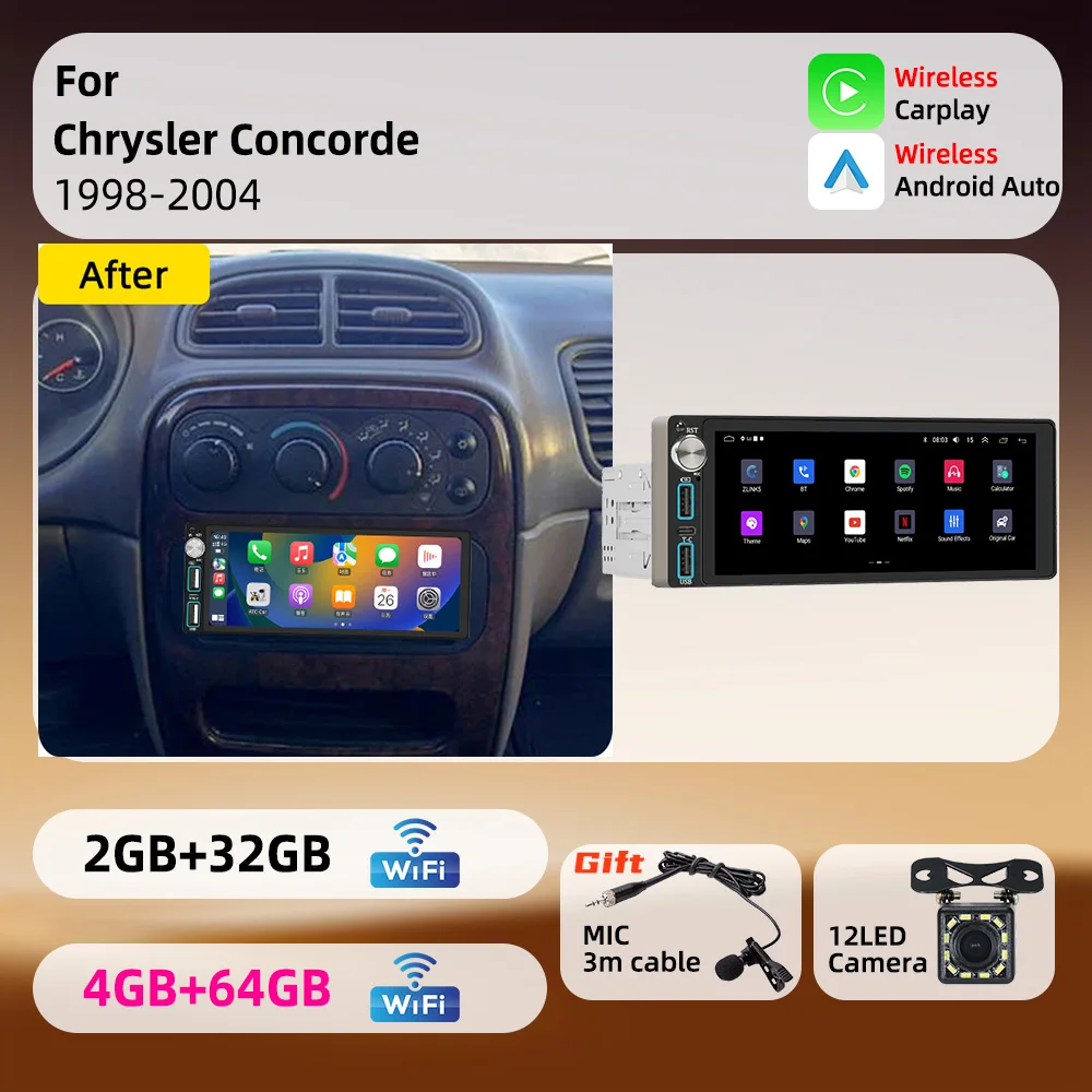 Radio con Pantalla de 6.86 Pulgadas, 1 Din, Carplay Inalámbrico, Android Auto, Estéreo para Auto, Autoradio para Chrysler Concorde 1998-2004, Sistema Multimedia con GPS