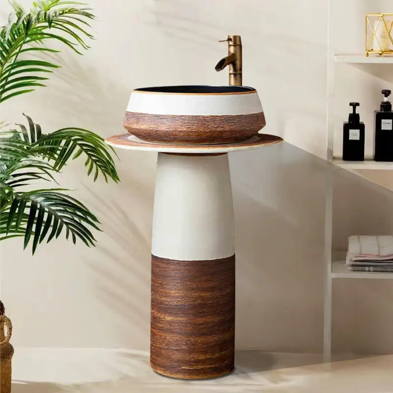 Ceramic integrated Chinese-style round base washbasin with single-hole faucet installation suitable for balconies