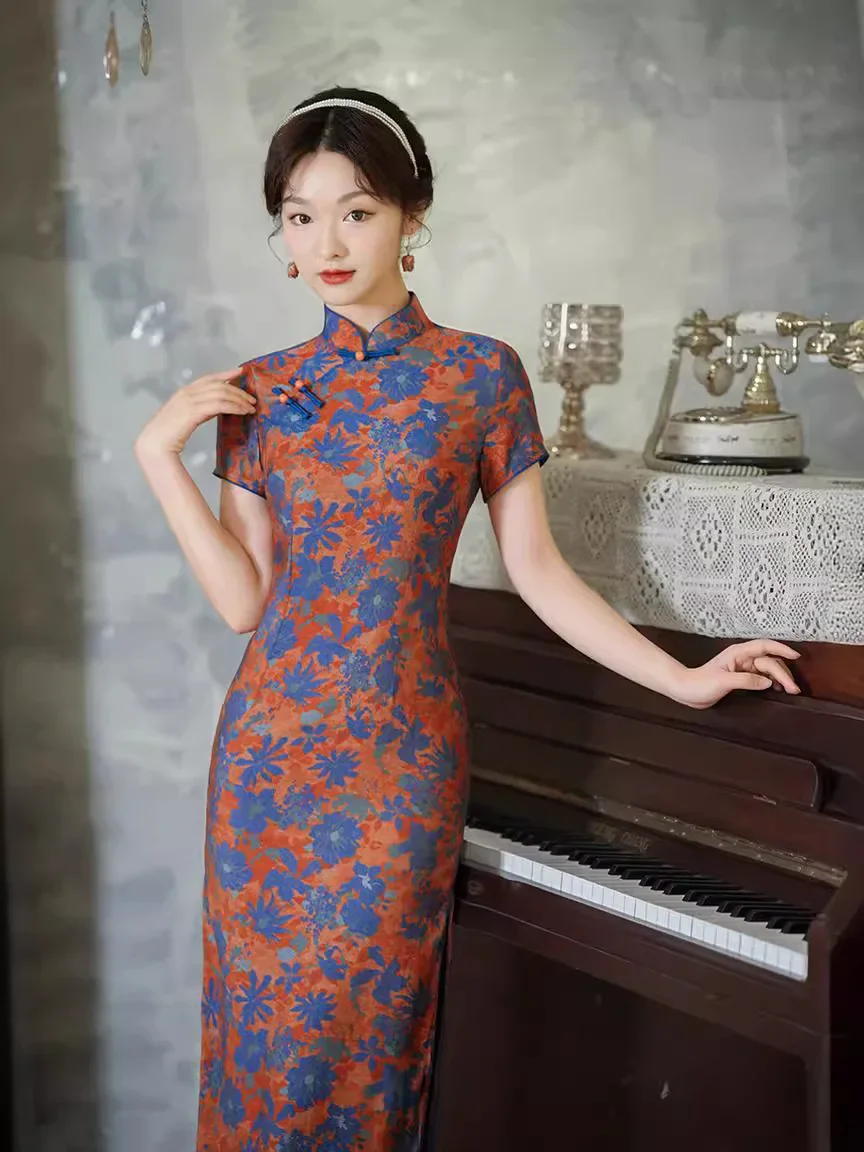 

2024 Spring/Summer New Improved Qipao Mid length Style Slim Fit Women Cheongsam Dress