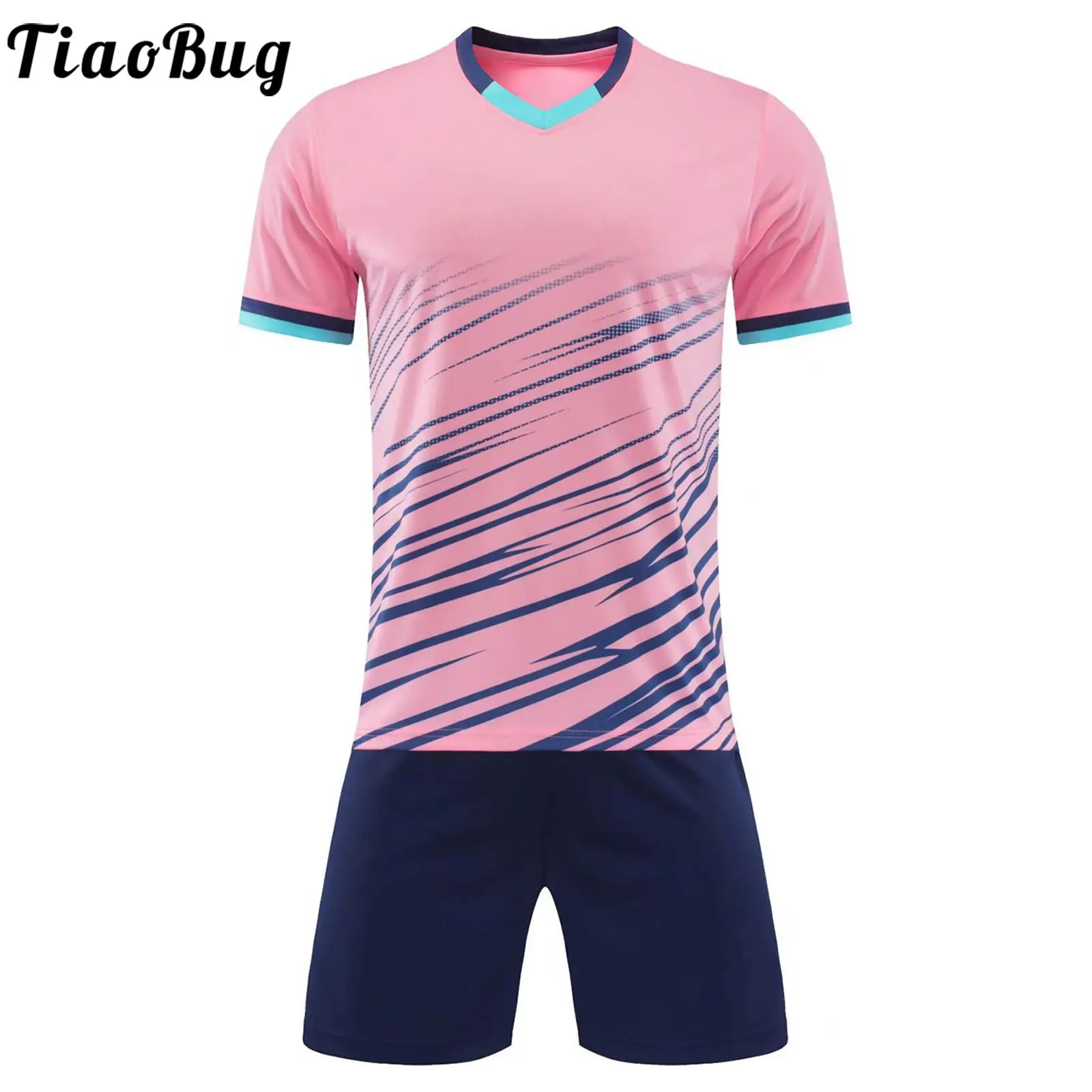 

2Pcs Summer Unisex Kids Striped Print Quick Dry Sport Suit Casual V Neck Short Sleeve Tops Solid Color Shorts Set for Training