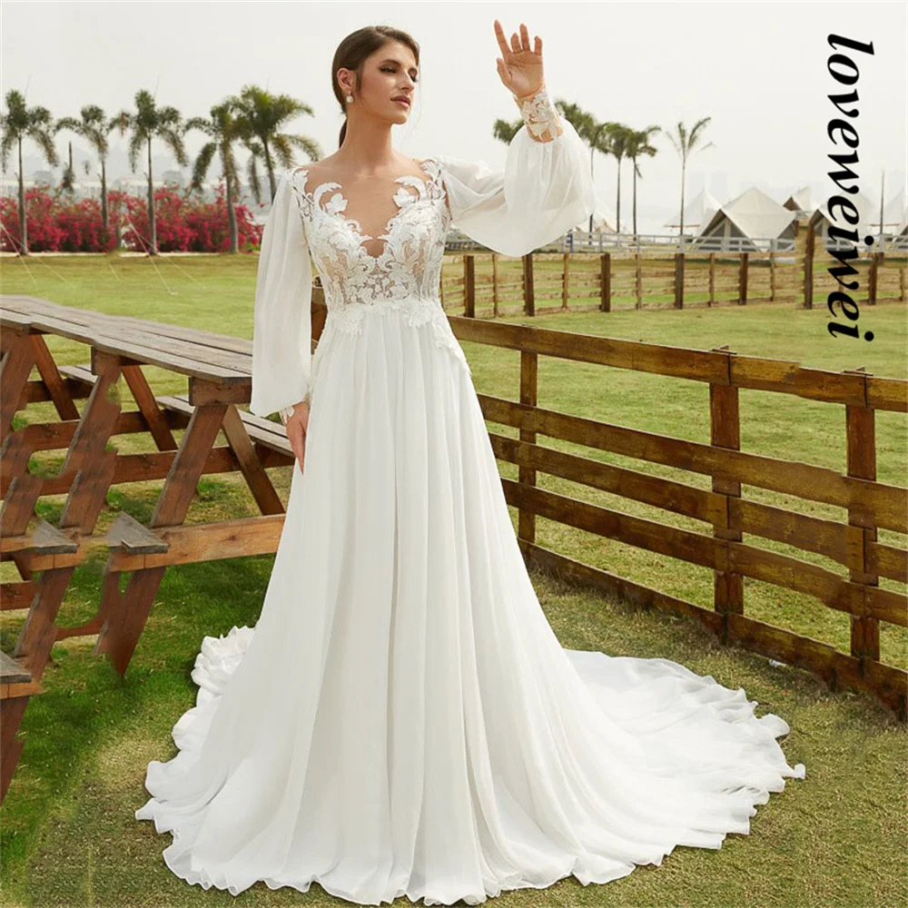 Vestidos de casamento vintage princesa, Lace Applique, Chiffon Puffy mangas compridas, Vestidos de noiva com Sweep Train, Vestido nupcial, Decote V