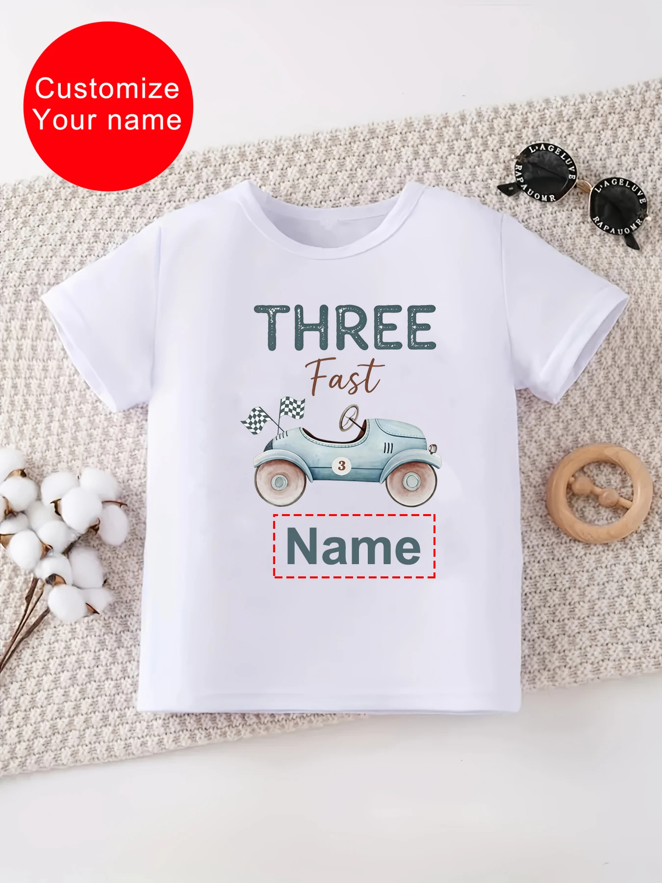 Customize Your Name Three Fast Racing Flags Printed T Shirt Girs/Boys 3rd Birthday Gift T-Shirt Funny Kids Clothes