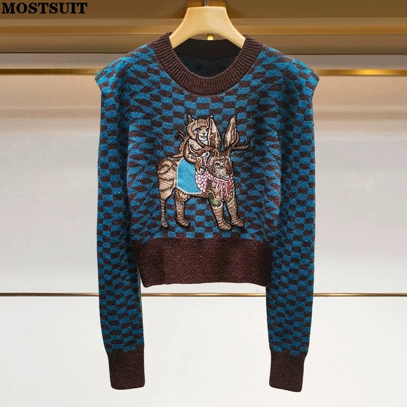 Cartoon Embroidered Argyle Knit Sweater For Women Crop Tops Knitwear 2024 Autumn Winter Long Sleeve O-neck Vintage Chic Jumpers