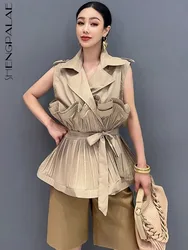 SHENGPALAE 2024 Summer New Trendy Women's Vests Fashion Lace Up Pleated Simple Sleeveless Gold Vest Female Clothing 5C1331