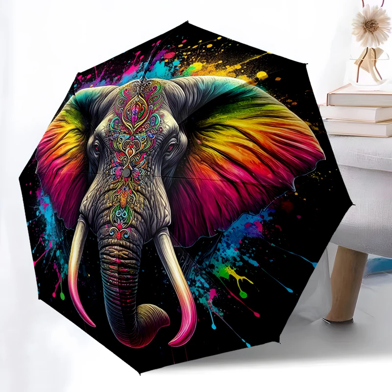 Cartoon Elephant Painting Folding Umbrella Auto-Open Design 8 Iron Ribs Plastic Handle Foldable Sunshade Perfect Christmas Gifts