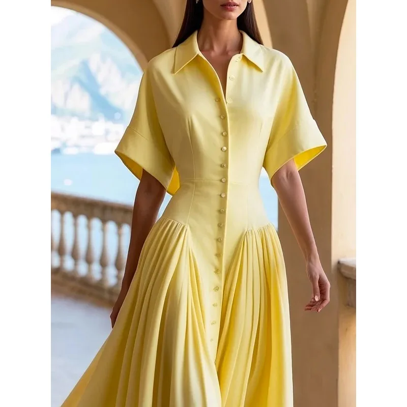 Geel Turn Down Kraag Jurk voor Vrouwen 2025, Korte Mouw Button Down Eenvoudige Officewear Max Jurken Vrouw Kleding 180596