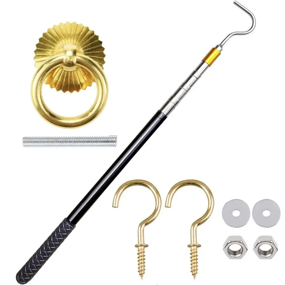 Stainless Steel Attic Ladder Pull-Down System Kit Retractable Extends Loft Stair Pull Hook Kit Vintage Copper Door Ring