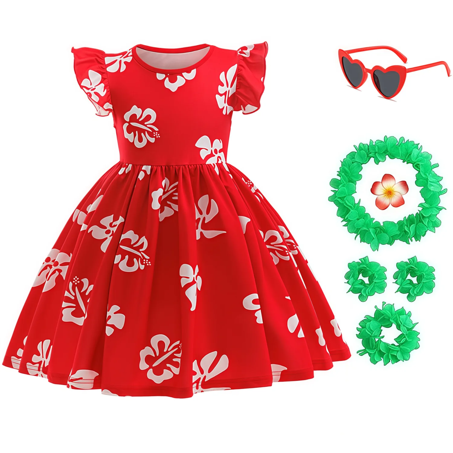 

Girls Hawaiian Costume Hula Beach Outfit Kids Red Leaf Dress With Hairclip Glasses For Toddler Halloween Birthday Party Outfits