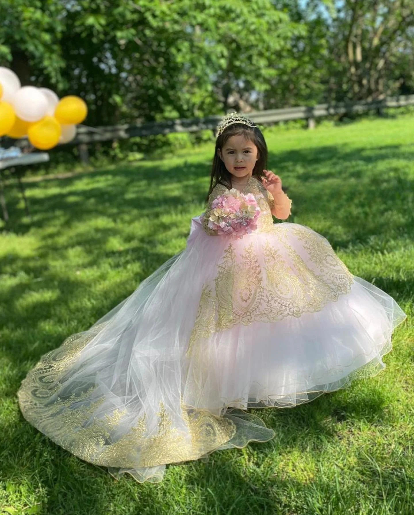 

Baby Pink and Gold Applique Flower Girl Dress for Country Wedding Elgeant Girls Pageant Party Ball Gowns Birtday Christmas Dress