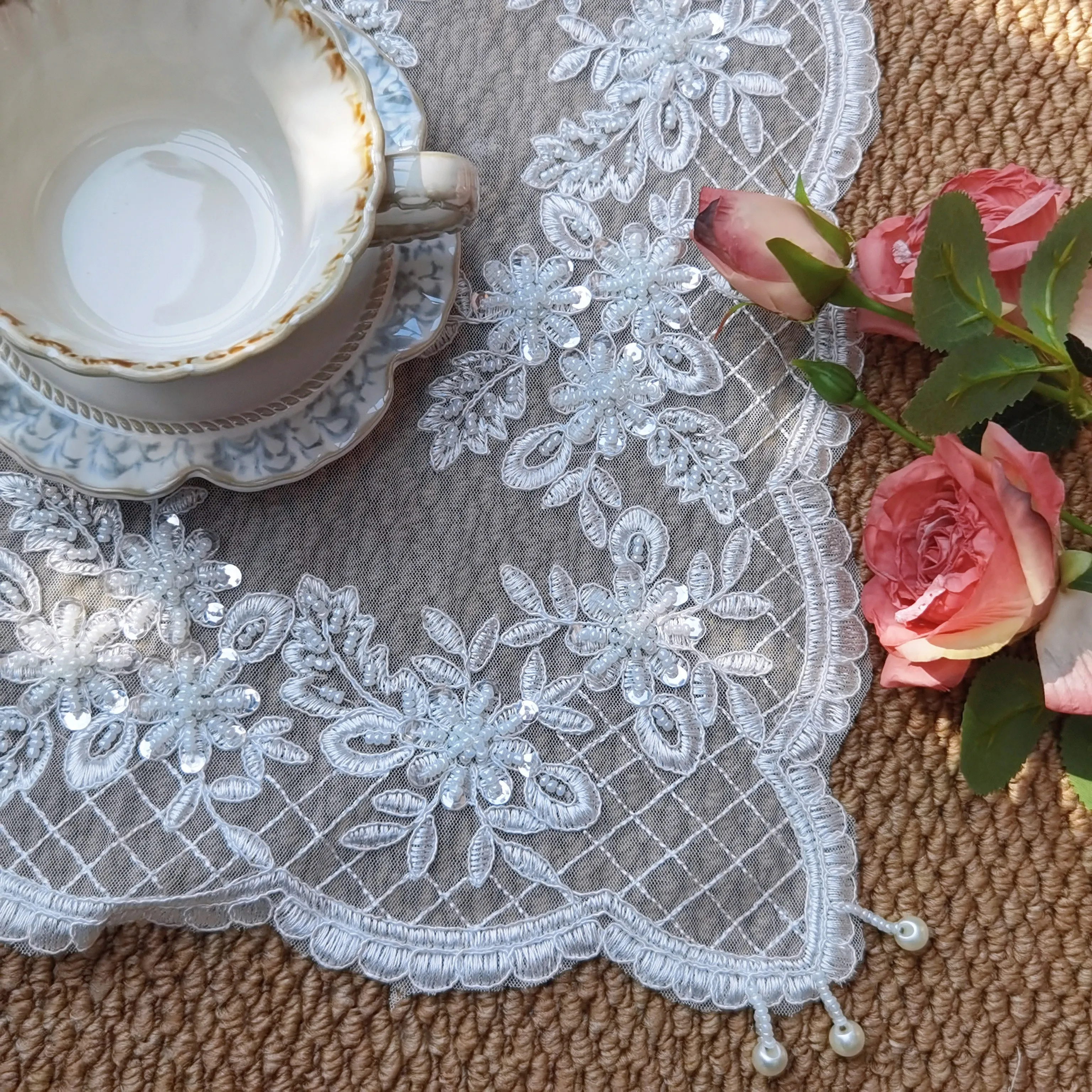 Wedding Lace Placemats Modern Dining Table Pads Embroidered Plate Mat Large Tea Coaster Nightstand Cover Holiday Table Decor
