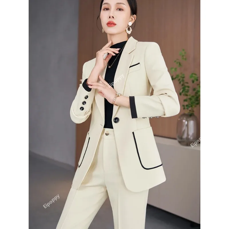 2024 New Khaki Black Beige Women Pant Suit Ladies Blazer e pantaloni donna formale lavoro aziendale 2 pezzi Set con tasca