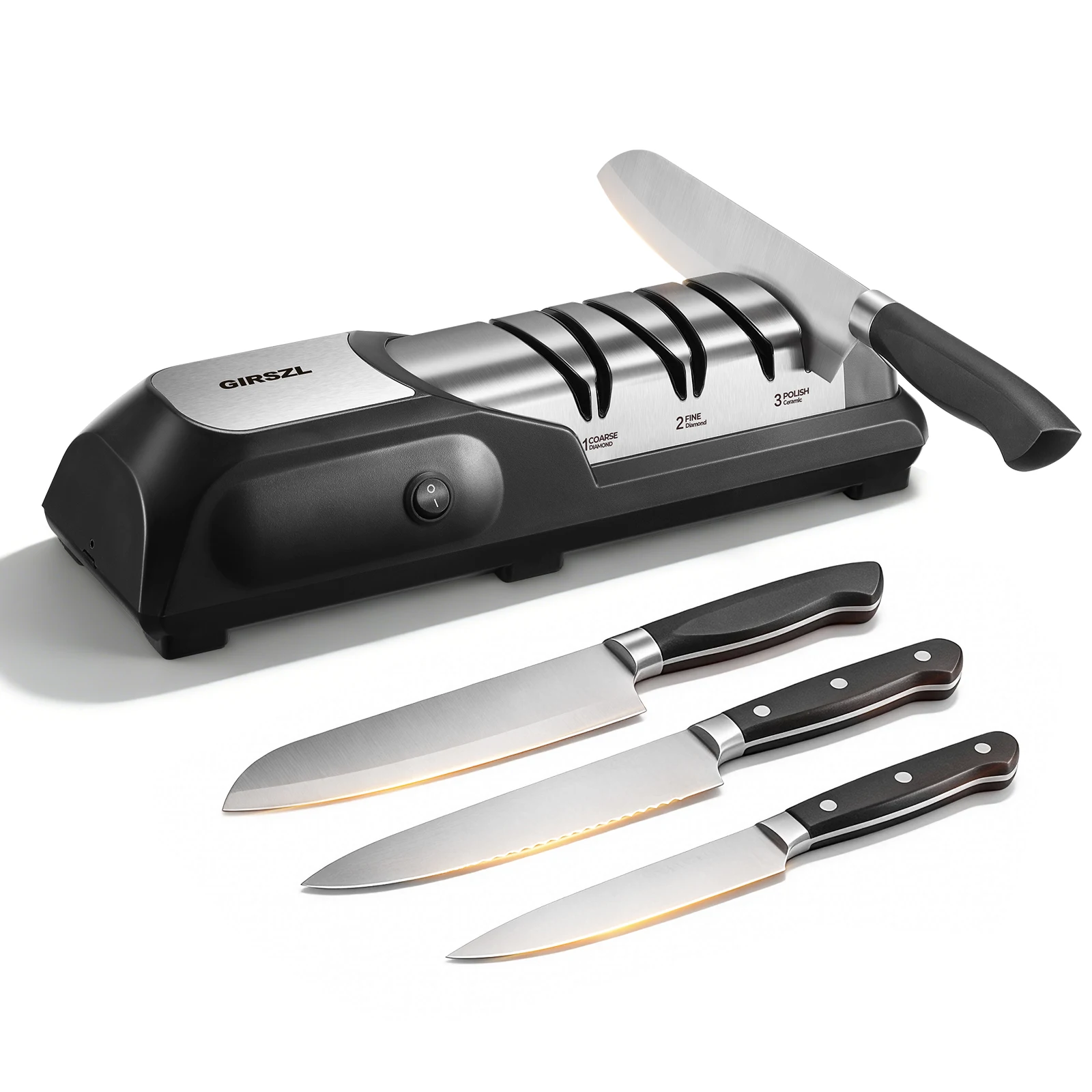 Electric Knife Sharpener One Touch Safe Family Use with Fixed 15° Angle Diamond Wheel Quiet Pure Copper Motor for Chef Kitchen Steak Paring Ceramic Knives