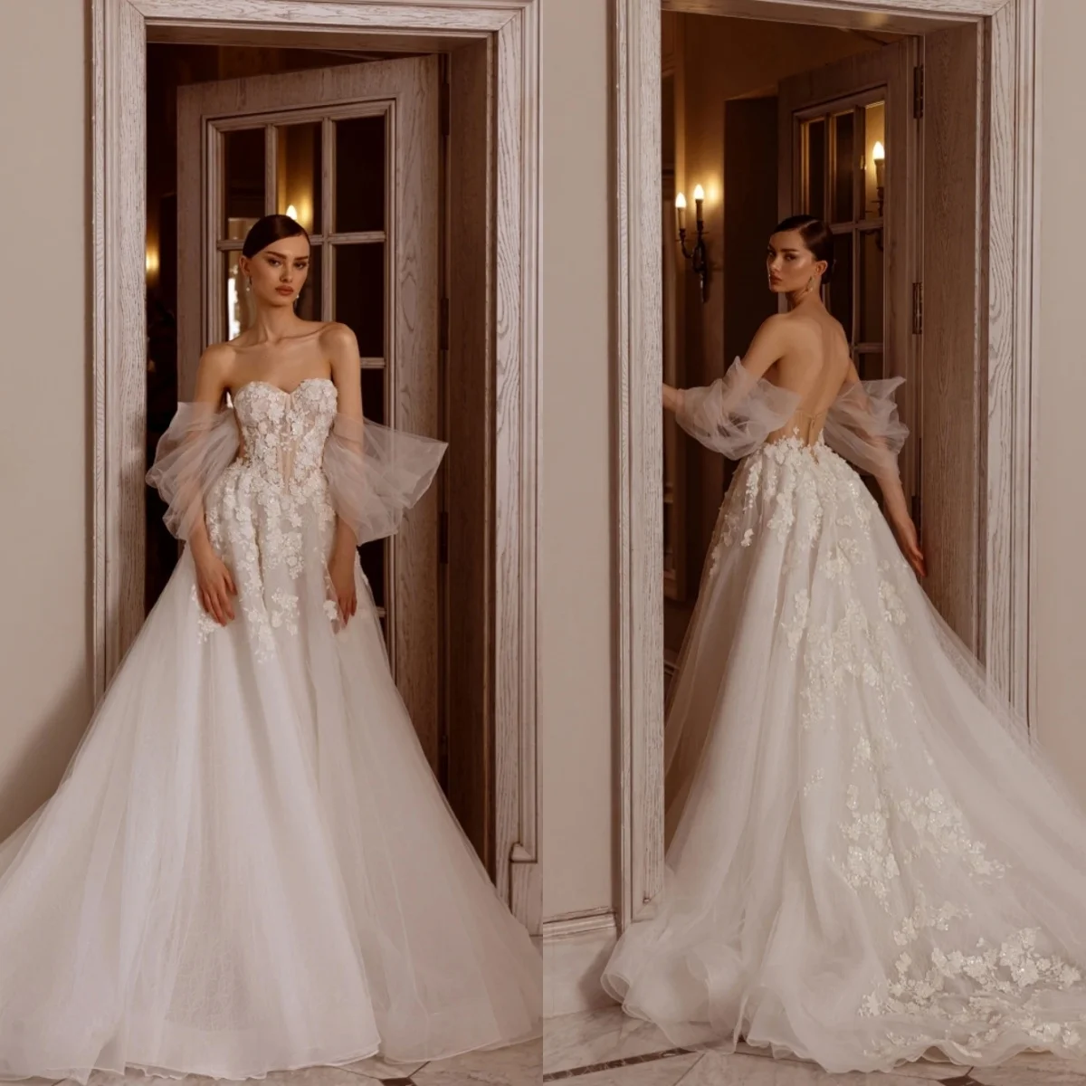 

Elegant A Line Women Wedding Dress Sweetheart Neck Sleeveless Backless Bridal Gowns Sequins Appliques Sweep Train Customized