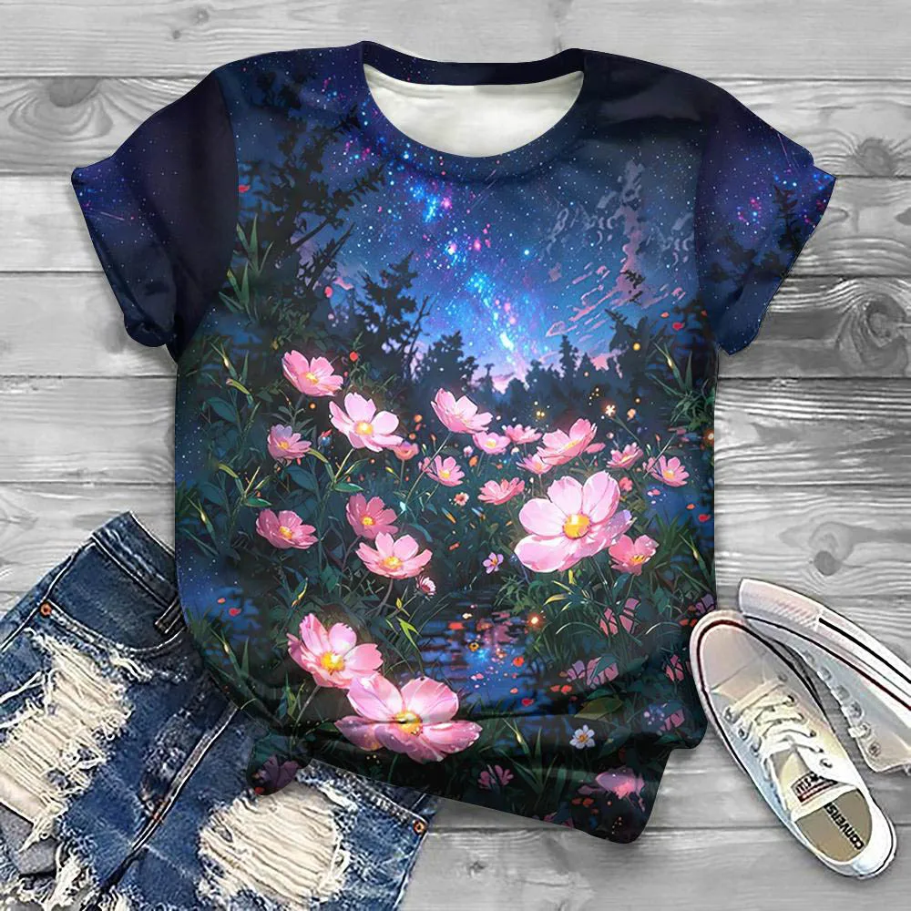 

Summer Fashion Floral 3D Print T-shirts Women Streetwear Casual Famale Y2k Short Sleeve T Shirt O-neck Tees Tops Clothing