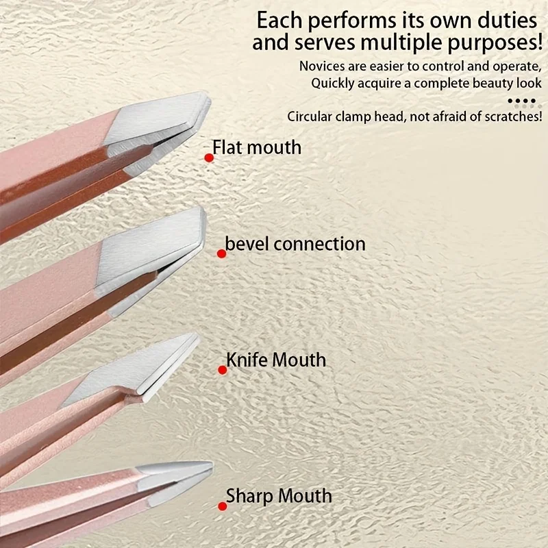 ชุดอุปกรณ์ตกแต่งคิ้ว 4 ชิ้น สีโรสโกลด์  แหนบปลายแหลม แหนบต่อขนตา คุณภาพสูง  แหนบปลายแบน แหนบปลายเฉียง  ชุดเสริมความงามคิ้ว  ทำจากสแตนเลส