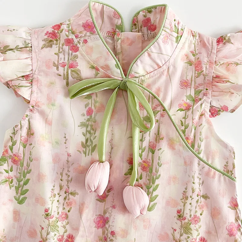 Summer Tulip Cheongsam Baby Girl Dress Cute Chinese Style Small Flying Sleeves Fragmented Embroidered Girl Dress