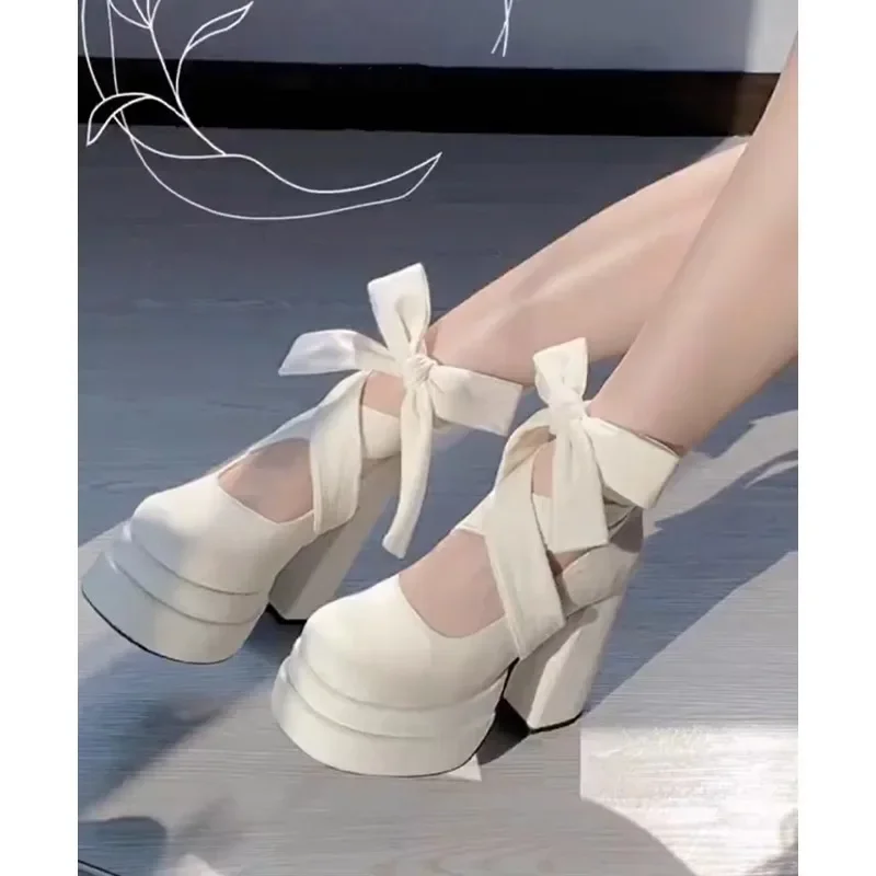 2026 Women's Mary Jane Lo High Heel Shoes Spring Summer New Thick Bottom Crossed Strap Velvet Surface Water Proof Platform  ...