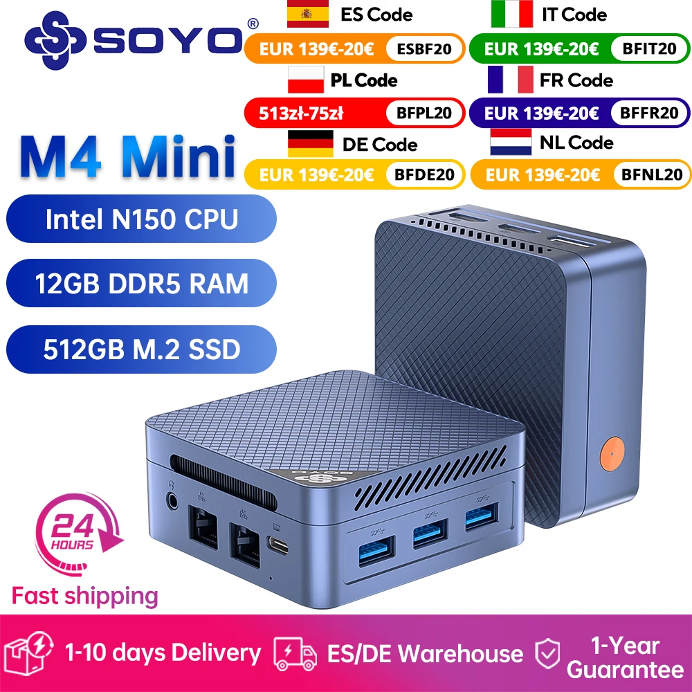 SOYO Mini PC M4 Mini Intel Twin Lake N150 CPU Windows 11 Pro Mini PC 12GB DDR5 512GB RAM WiFi5 BT5.0 ordinateur de bureau Portable