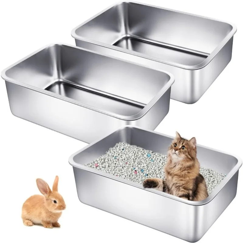 

3P Stainless Steel Cat Litter Boxes ，Sturdy Kitty Cat Litter Pans for Pets No Smell, Non Stick, Smooth Surface, Easy to Clean