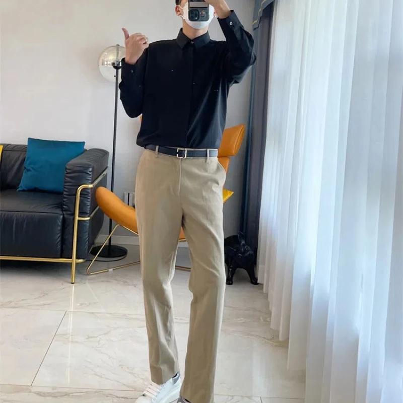 Business Casual Men's Korean Version 2024 Spring Autumn Spliced Square Collar Button Fashion Slim Solid Color Long Sleeved Shirt