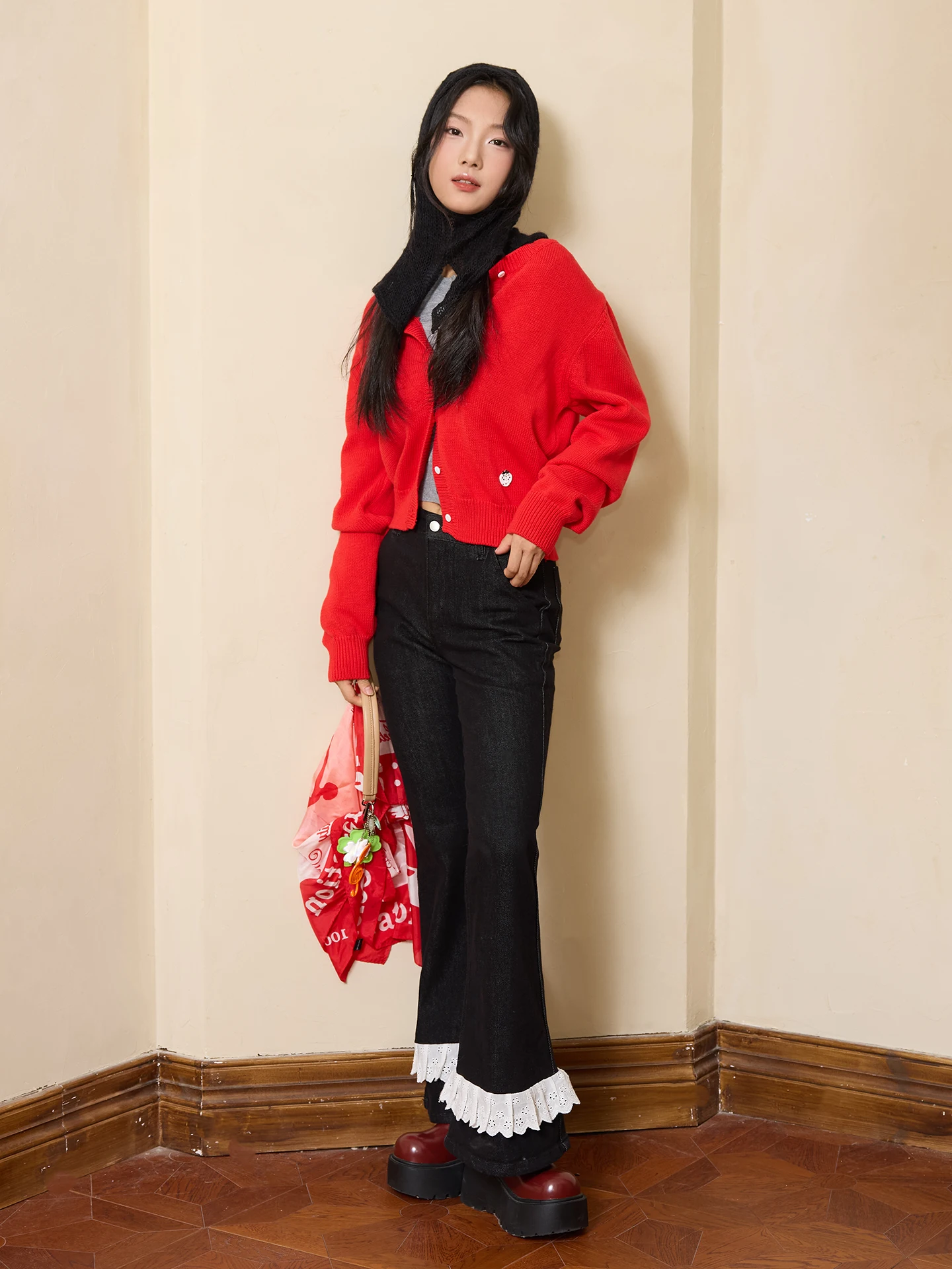 

Classic Red Cotton Knitted Open Cardigan Retro round Ne Sweater Jaet for Young Girls Casual Sle Museum Friendly