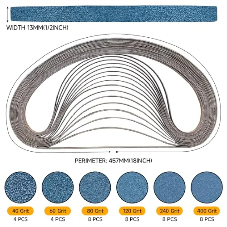 40-Piece 1/2 x 18 Inch Zirconia Sanding Belts 40-400 Grit, Heavy Duty Long-Lasting Mini Sanding Bands for Belt Sander, Rust Pai