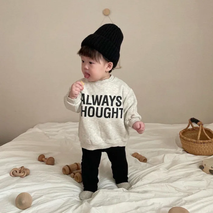 2024 New Kids Baby Boy Letter Print Sweatshirt Cute Infant Long Sleeve Tops Loose Girls Casual Pullover Cotton Baby Sweatshirt