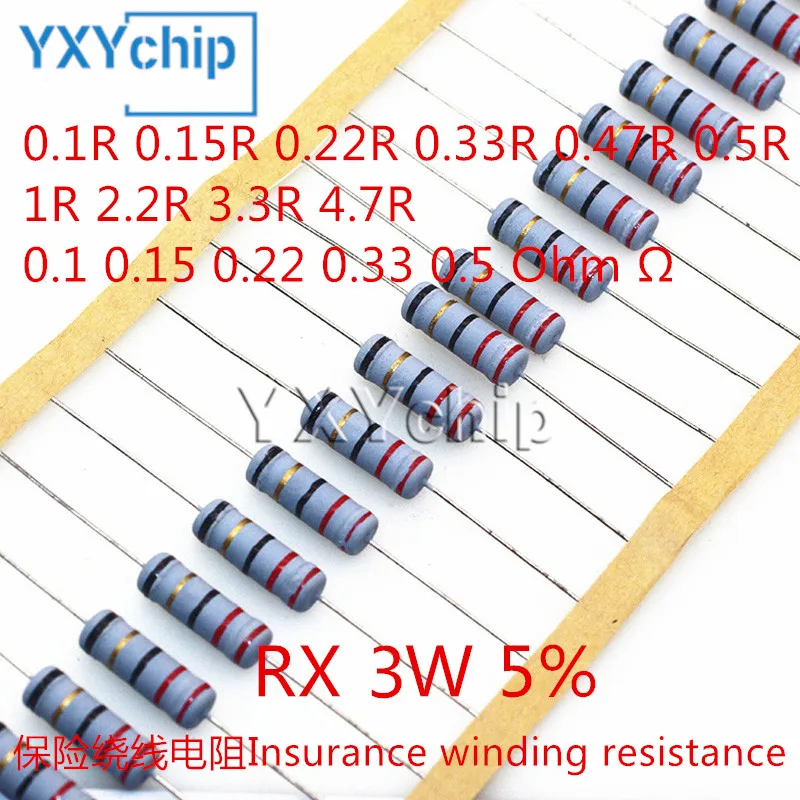 Precisão Wirewound da resistência da resistência do fusível, 3W, 0.1R, 0.15R, 0.22R, 0.33R, 0.47R, 0.5R, 1R, 2.2R, 3.3R, 4.7R, 0,1, 0,15, 0,22, 0,33, 0,5 ohms, Ω, 10 PCes