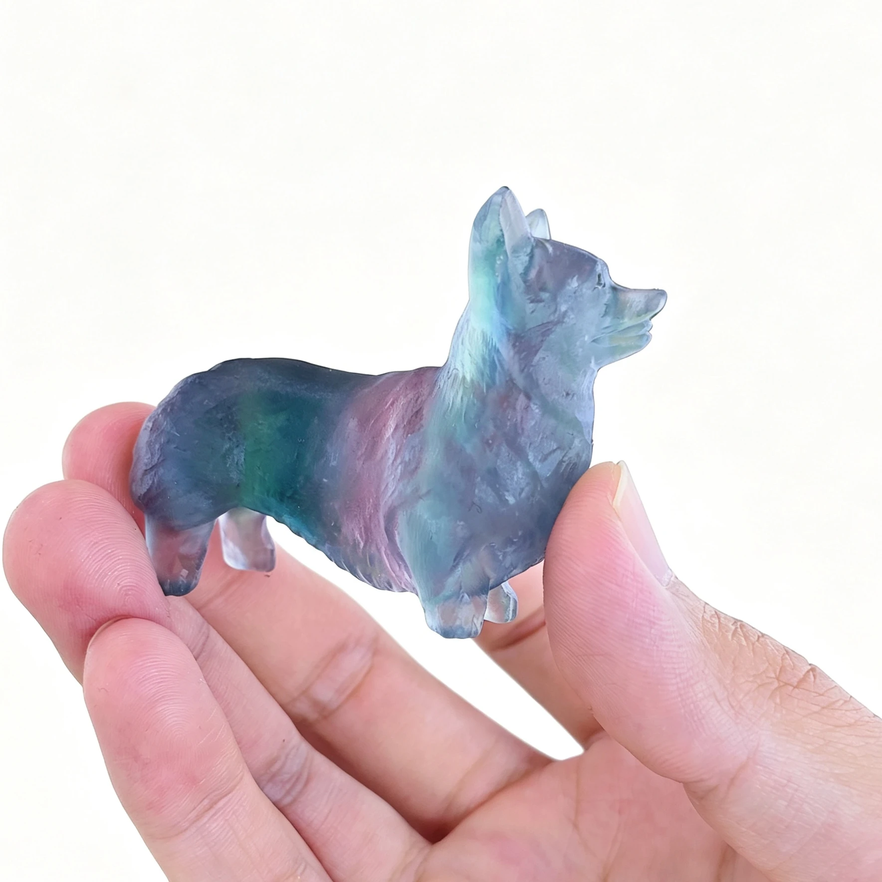 Natural Rainbow Fluorite Carved Corgi Dog Figurine Puppy Gemstone Pet Statue Home Office Table Decor Gift Random Dispatch 1 Pc