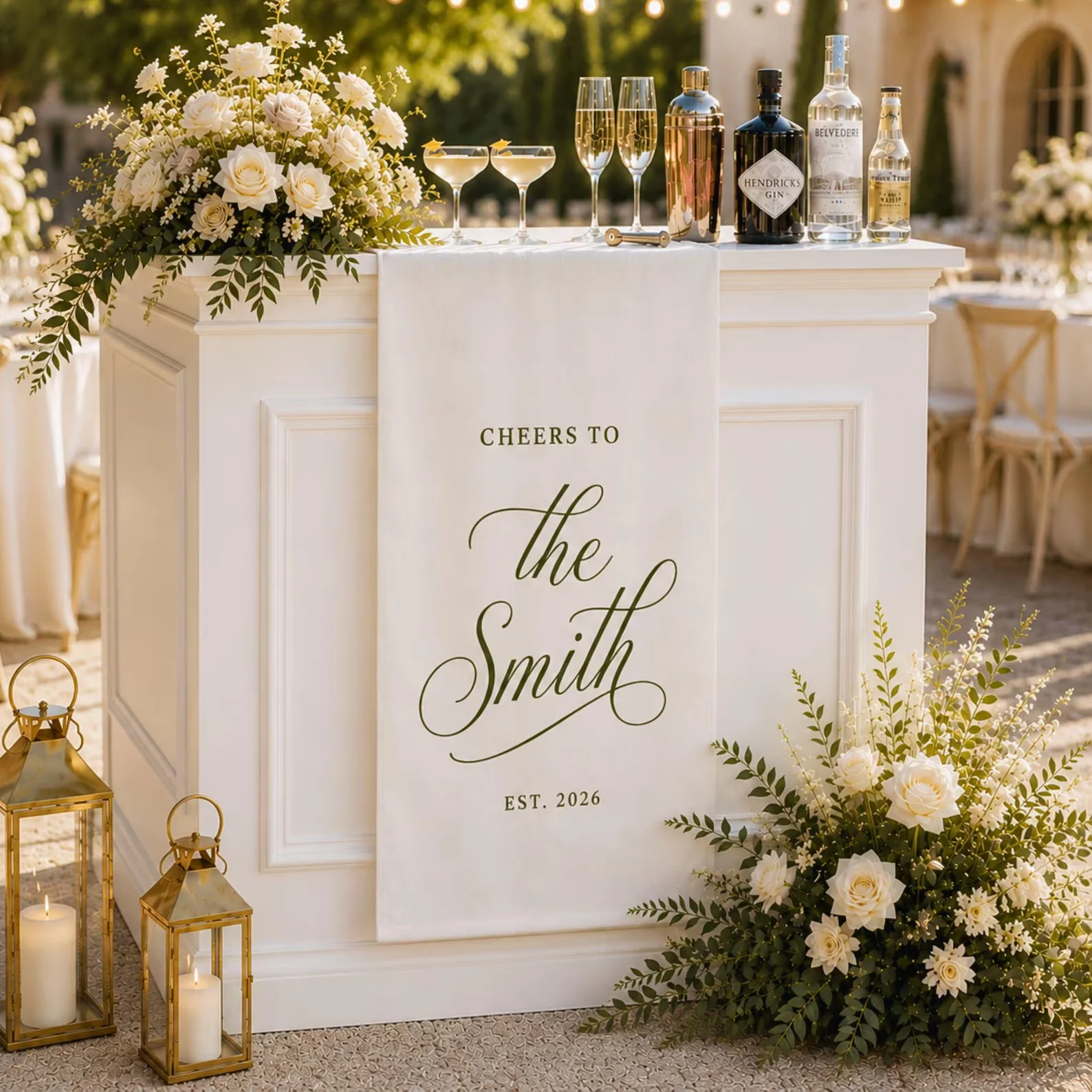 Custom Linen Wedding Bar Sign Personalized Last Name Fabric Banner Table Runner Cheers To Reception Cocktail Party Decor