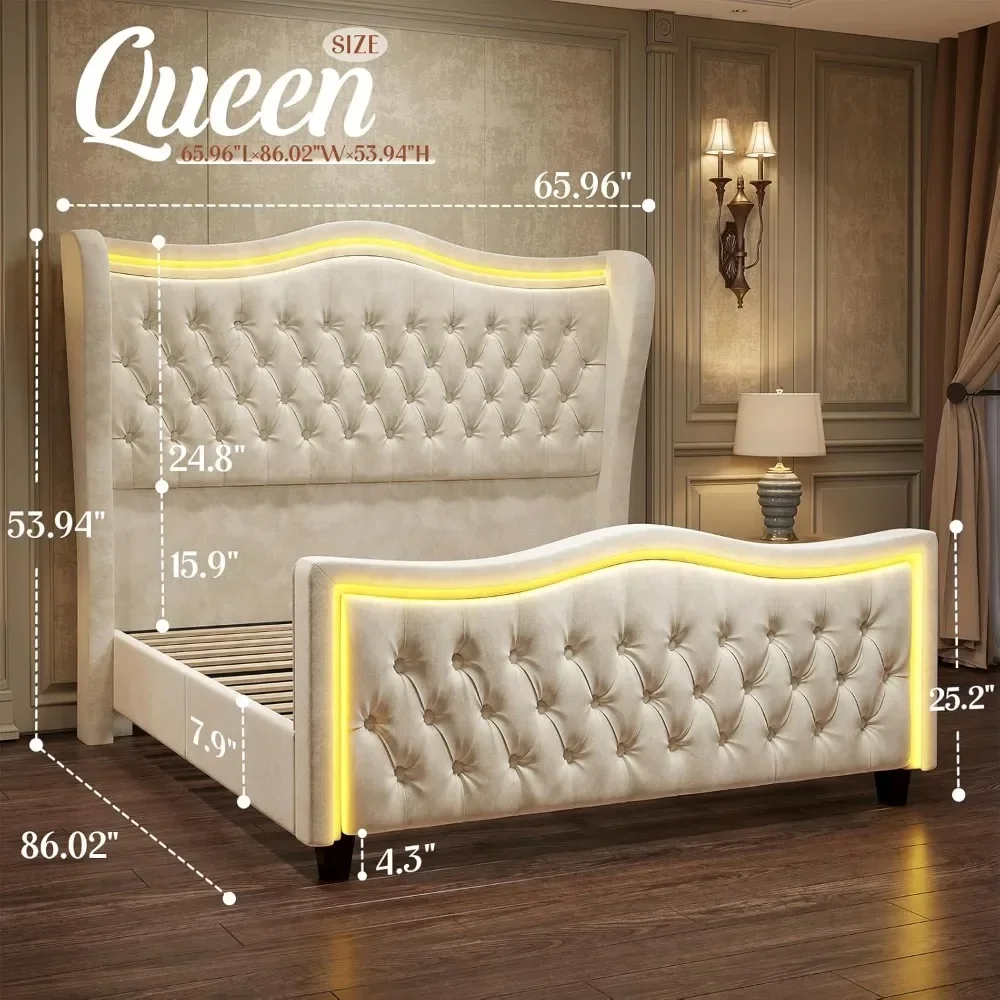 Queen Size Bed Frame with LED Lights, 53'' Upholstered Platform Wingback Bed with Handmade Deep