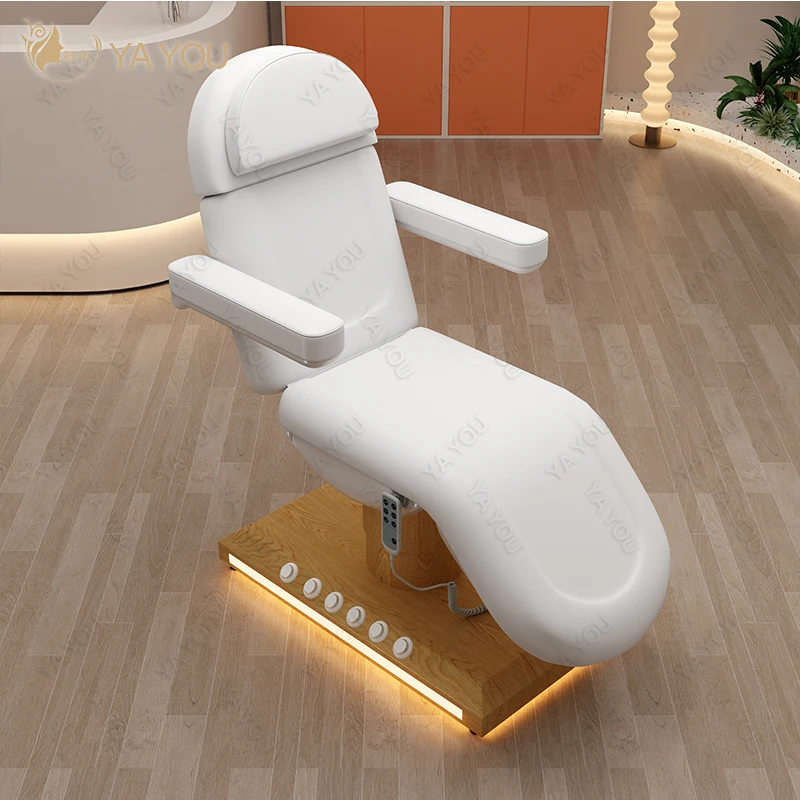 

White PU Leather Electric Physiotherapy Bed 5-Function Treatment Bed with Light Wood Base