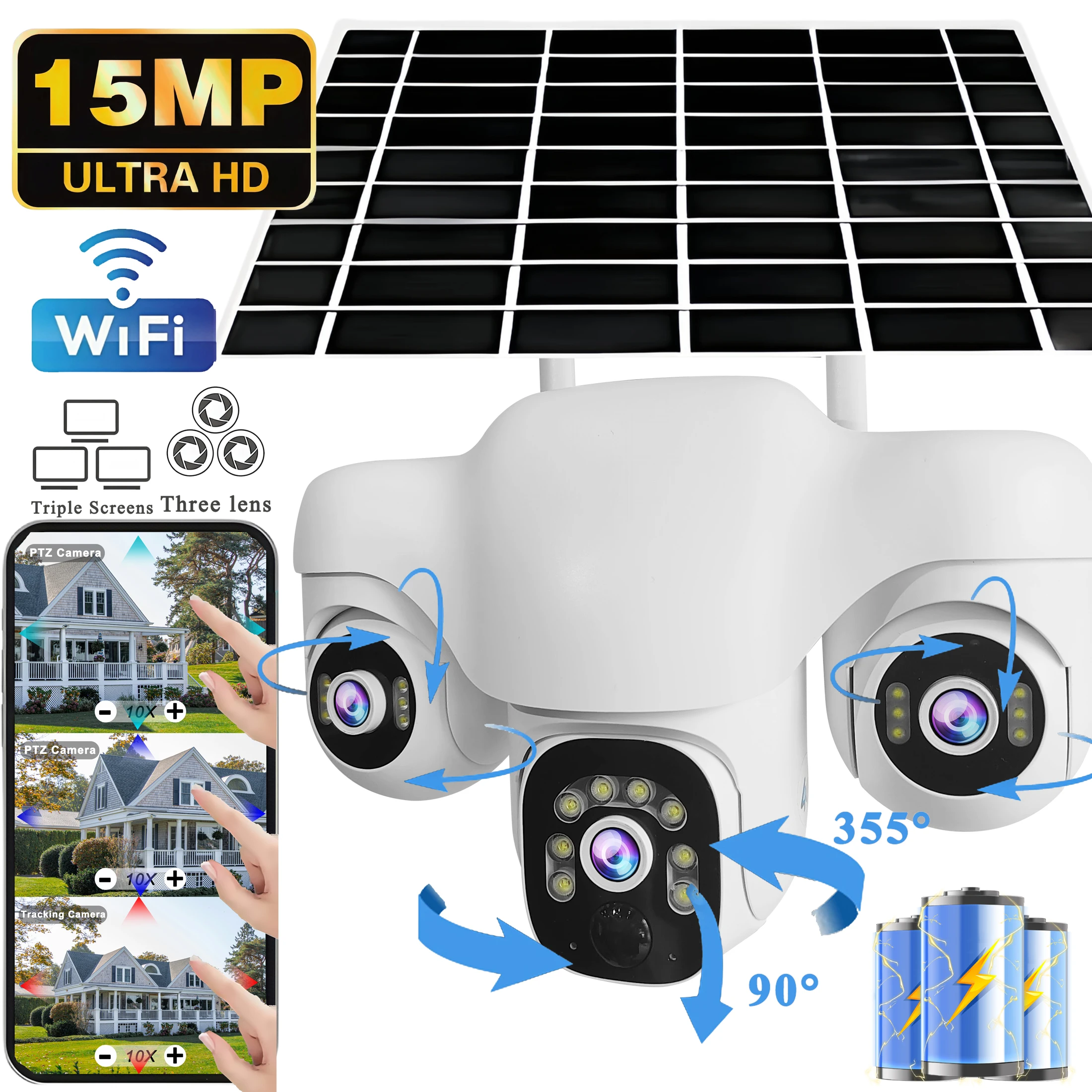 

V380 Pro 15MP Solar Camera Triple Lens Triple PTZ Camera Two-Way Audio Outdoor Built-in Battery Security CCTV HD WiFi IP Camera