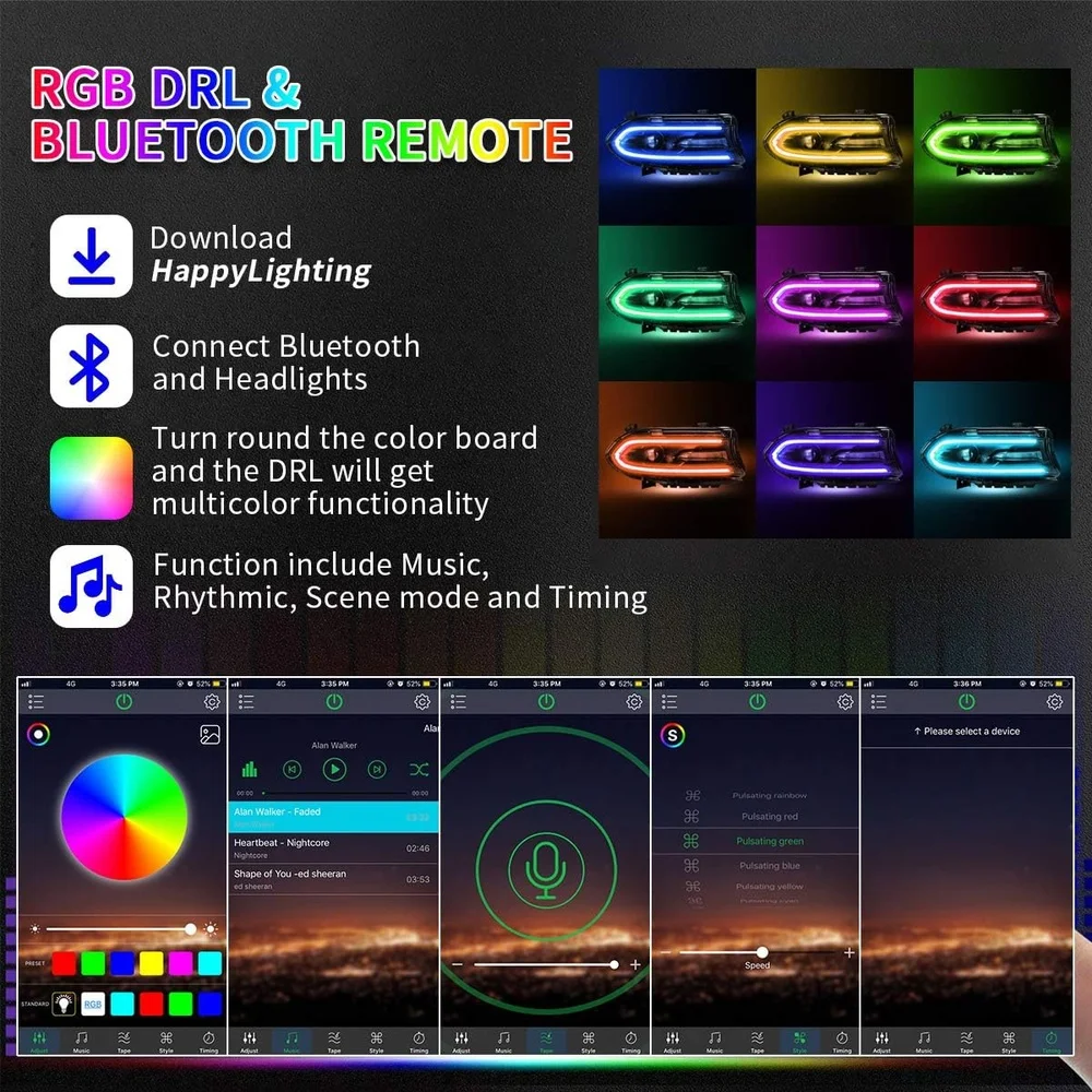 LED Headlights Dodge Charger 2015-2023 Multicolor Halo DRL Not Fit Xenon Models 9005 Bulbs Required Auto Replacement