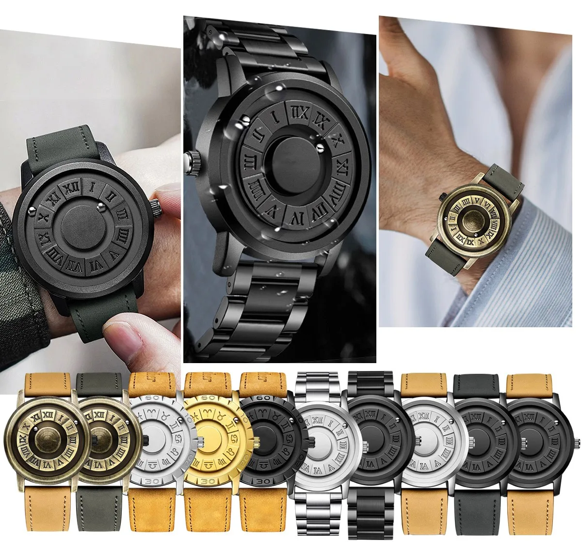 Men'S Quartz Watch Without Lens Hanging Ball Retro Magnetic Steel Bead Leather Creative Rolling Pointer Design Casual Watch