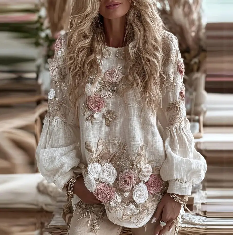 

Flower Print Long Sleeved Breathable Autumn Shirts Female O Neck Loose Bohemian T-shirts 2025 Casual Holiday Beach Top Blouses