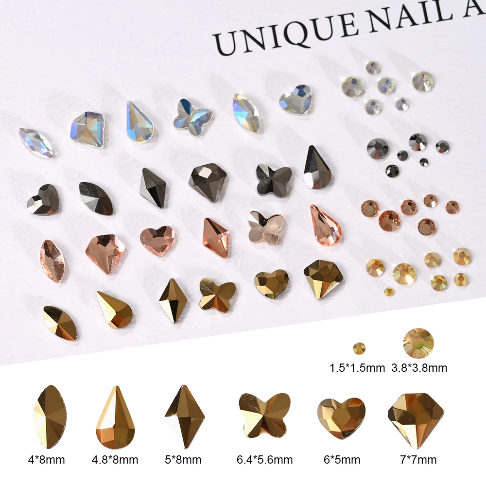 720/1000Pcs Gold/Champagne Nail Diamond Rhinestone Mixed Sized 2-6mm Shiny Flatback Glass Crystal Gems Hot-fix Nail Art Jewelry