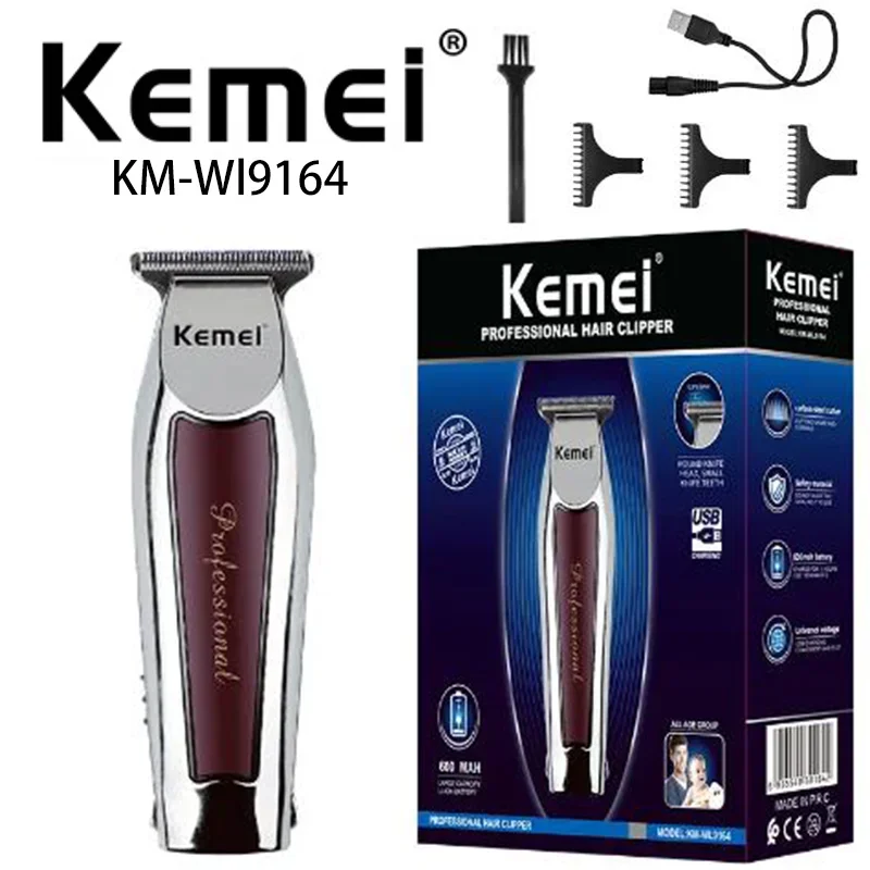 

New Best Quality Professional Cordless Hair Trimmer Kemei Km-Wl9164 Silver Usb Rechargeable Hair Clippers