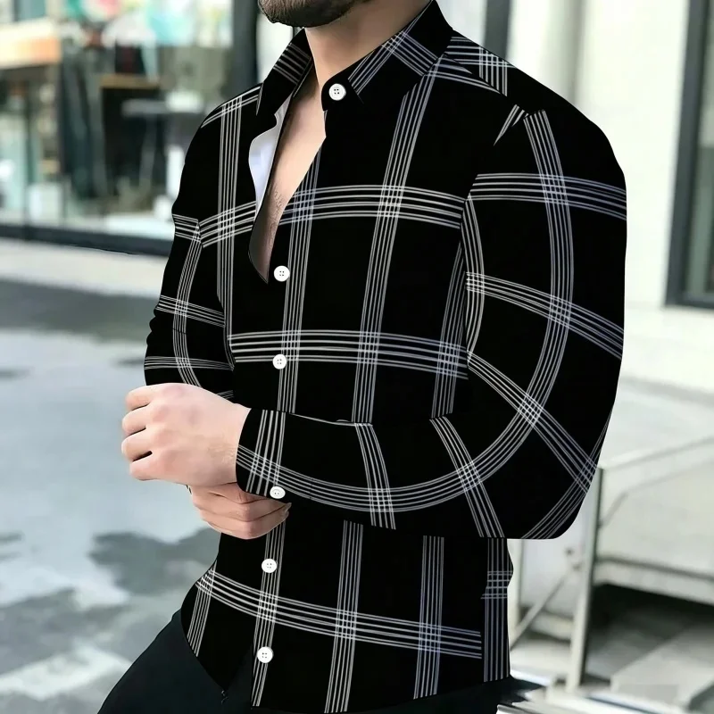 New Men's Shirt Line Plaid Shirt Classic Plaid Print Slim Fit Long Sleeved Shirt Business Casual Long Sleeved Men's Shirt