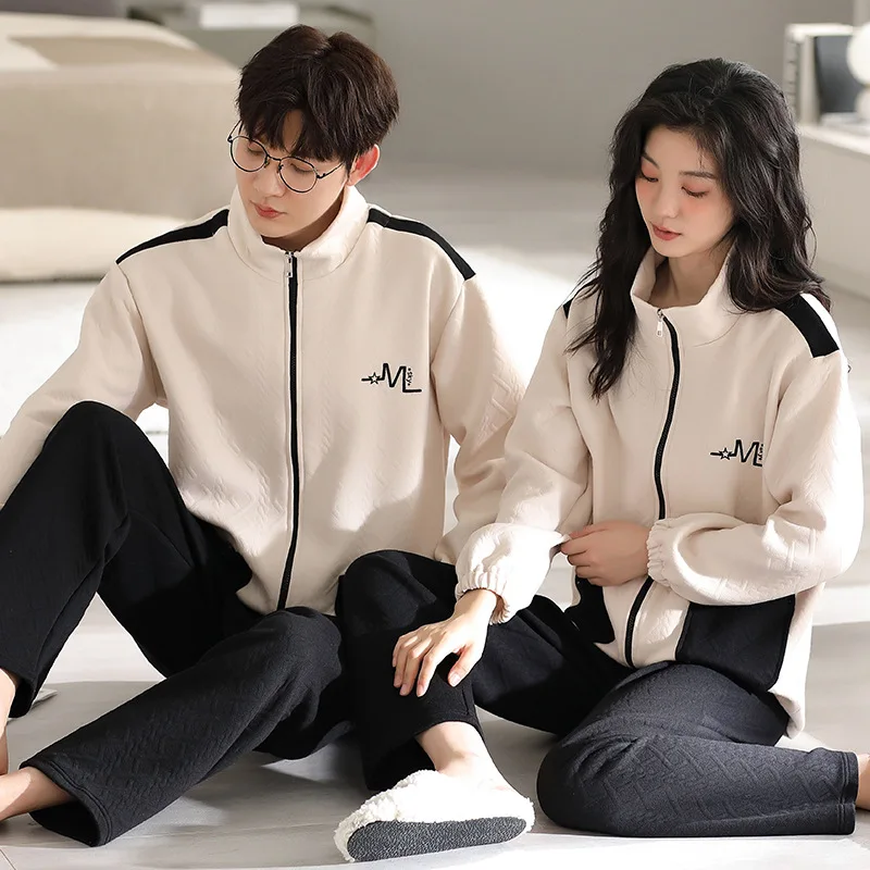 

2024 New Sporty Zipper Winter And Autumn Warm Cotton Laminated Sleepwear for Couples Matching Women and Men Cardigan Pajamas Set