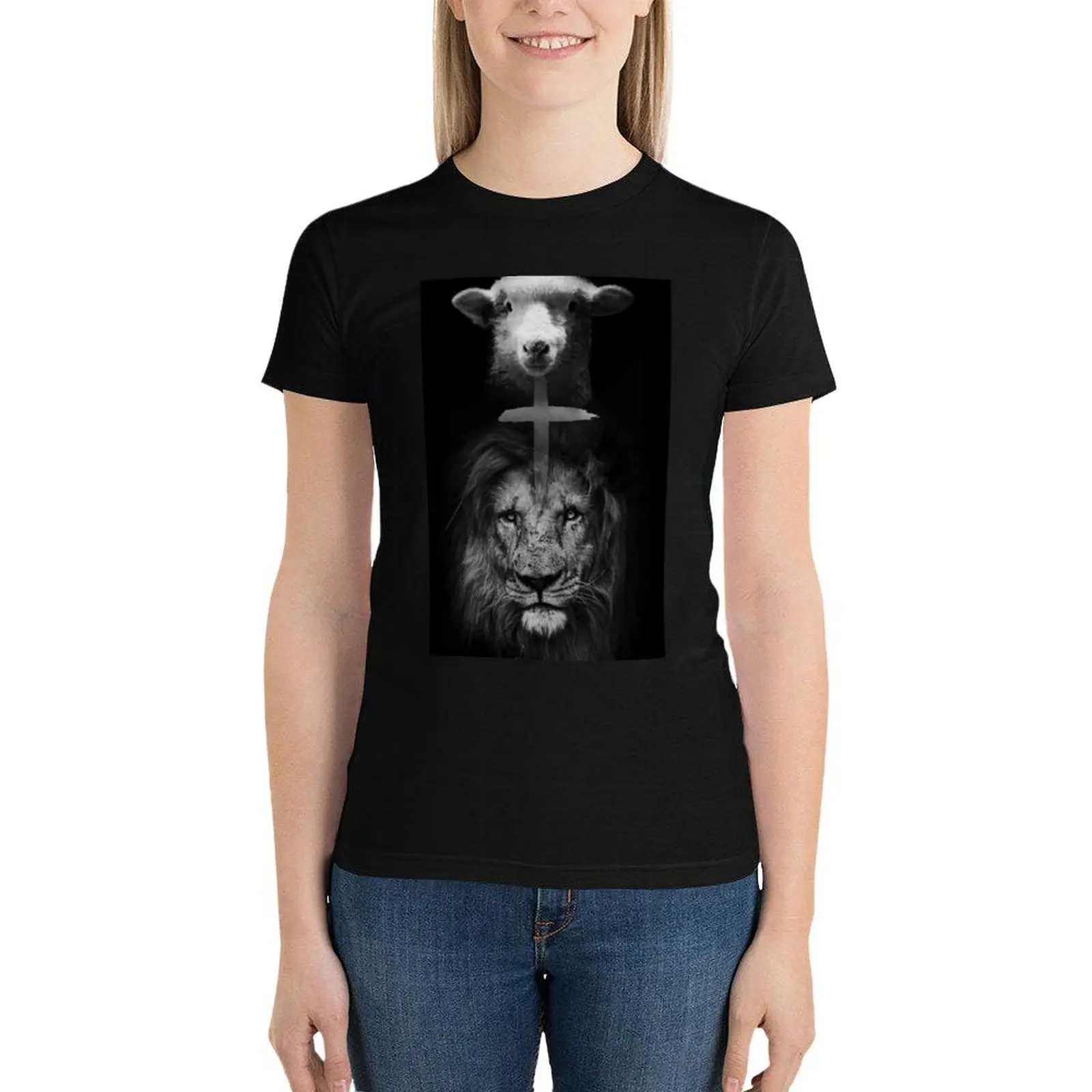 He is Lion And Lamb T-Shirt cute tops Blouse t shirts for Women loose fit