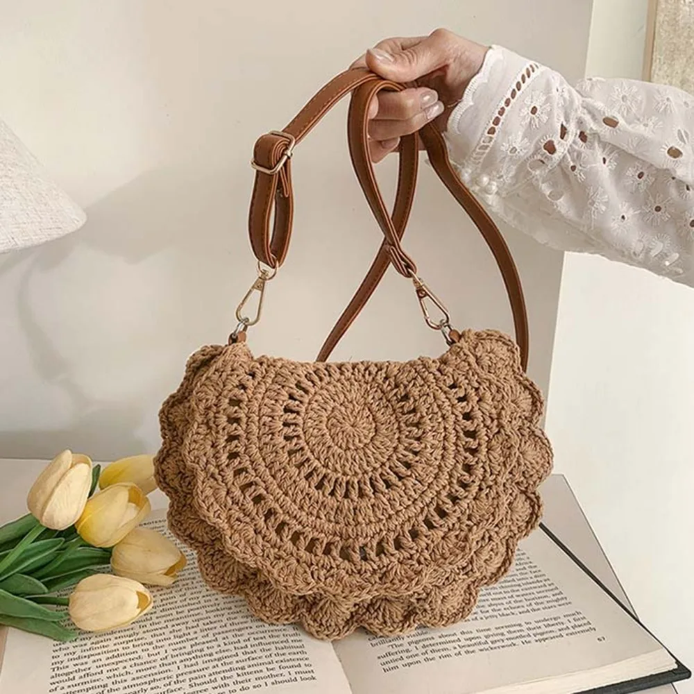 زهرة حافة خيط القطن حقيبة من القماش الرجعية سعة كبيرة القش Crossbody الحقيبة خفيفة الوزن تنفس الصيف الشاطئ الوجه الحقيبة